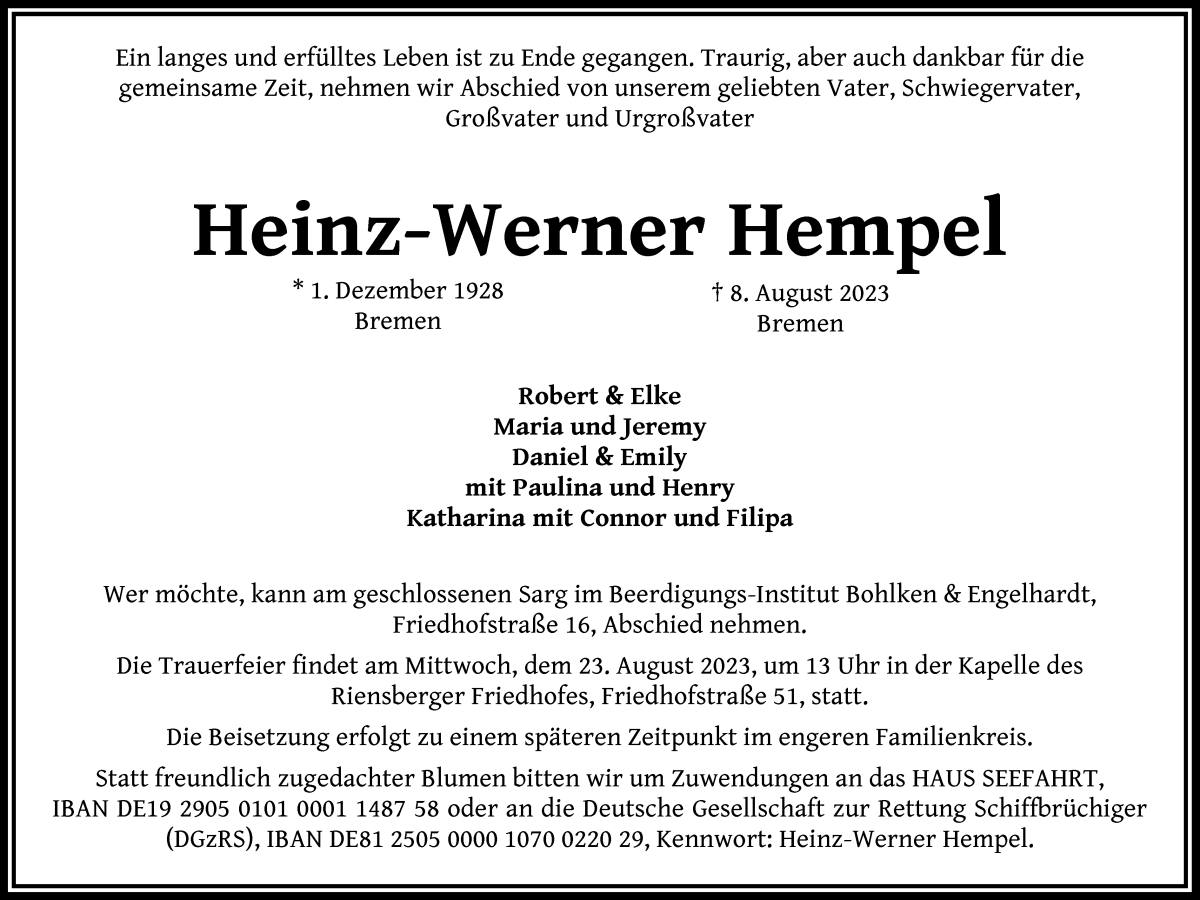 Traueranzeige von Heinz-Werner Hempel von WESER-KURIER
