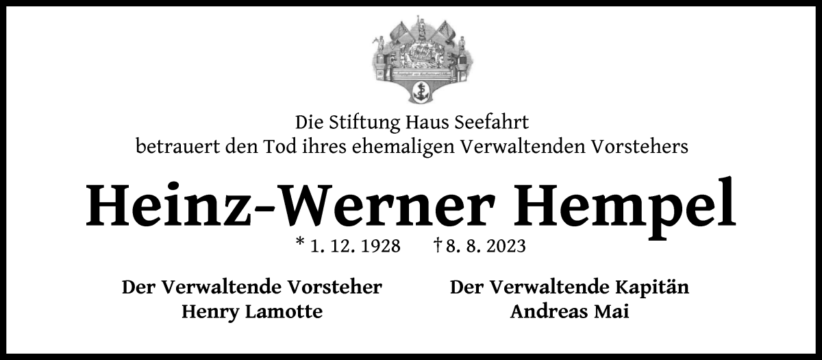 Traueranzeige von Heinz-Werner Hempel von WESER-KURIER