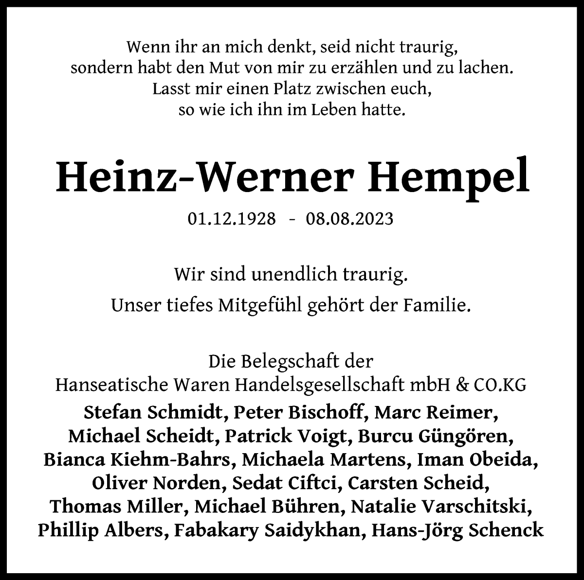 Traueranzeige von Heinz-Werner Hempel von WESER-KURIER