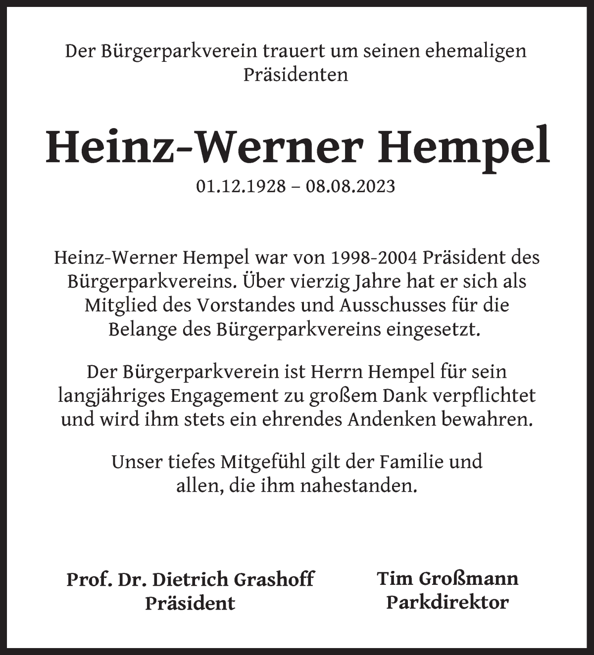 Traueranzeige von Heinz-Werner Hempel von WESER-KURIER