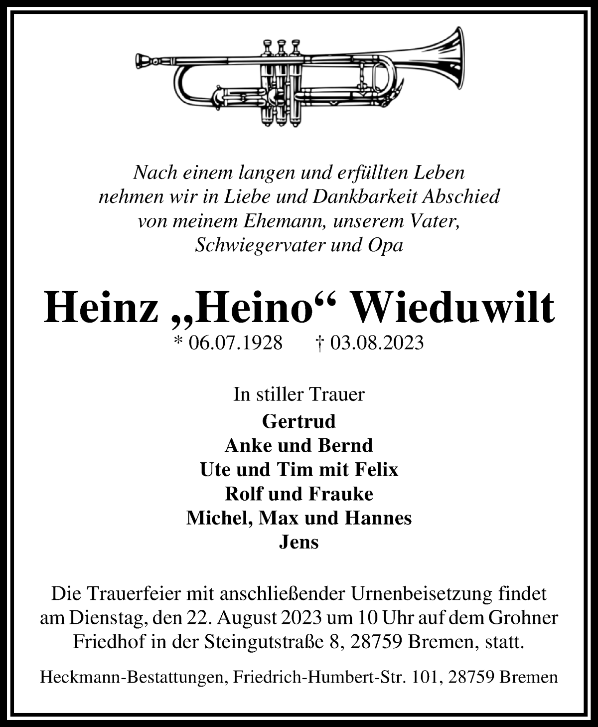 Traueranzeige von Heinz Wieduwilt von Die Norddeutsche