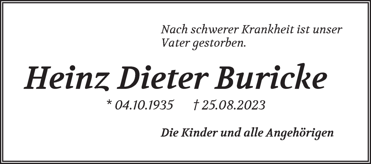 Traueranzeige von Heinz Dieter Buricke von WESER-KURIER