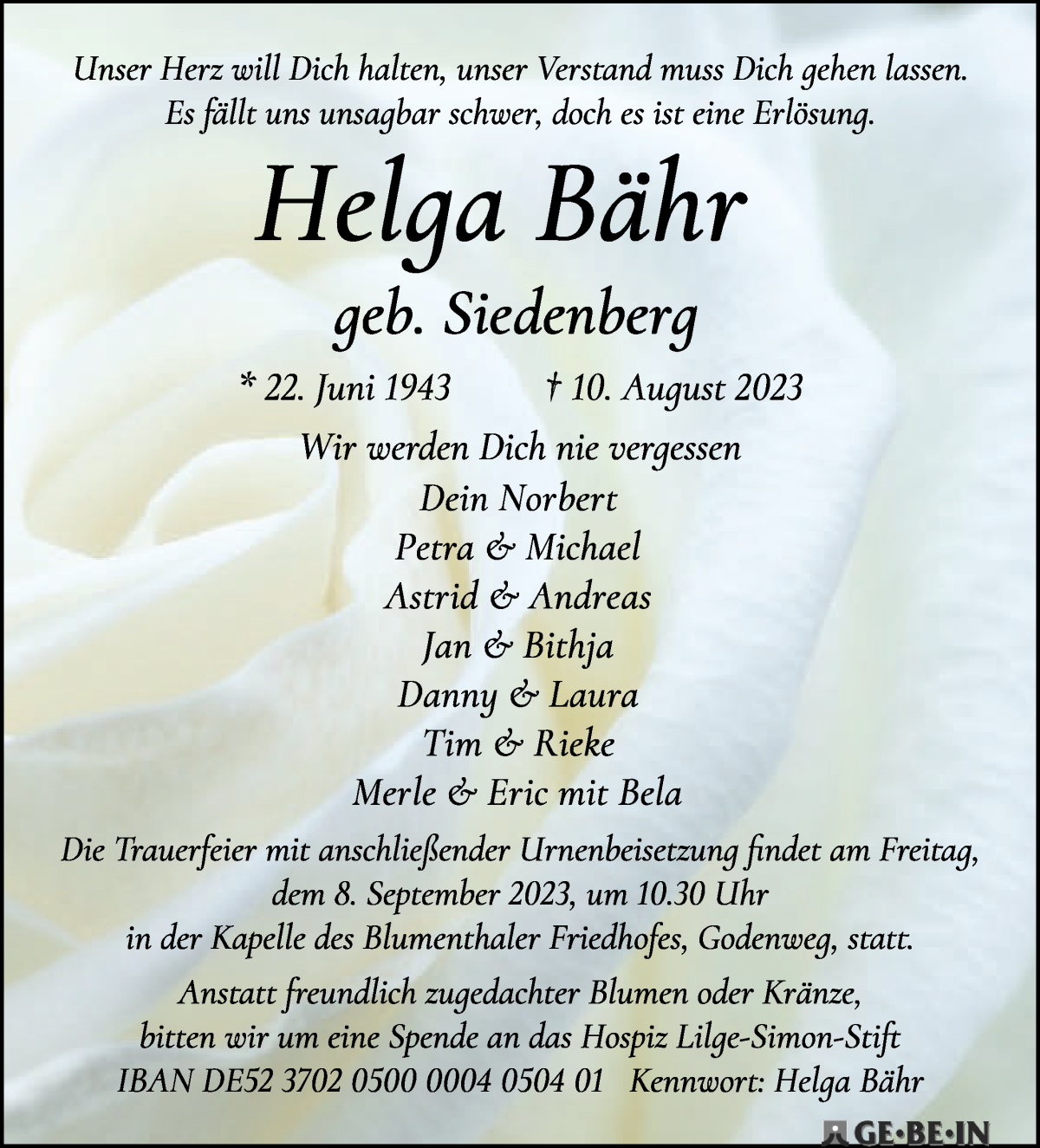 Traueranzeige von Helga Bähr von WESER-KURIER