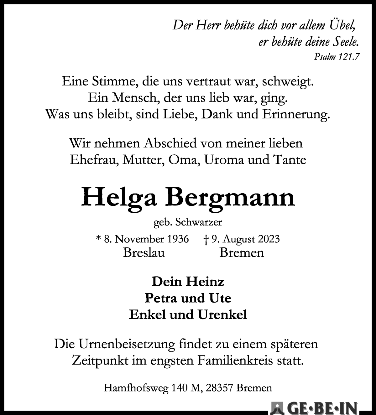 Traueranzeige von Helga Bergmann von WESER-KURIER