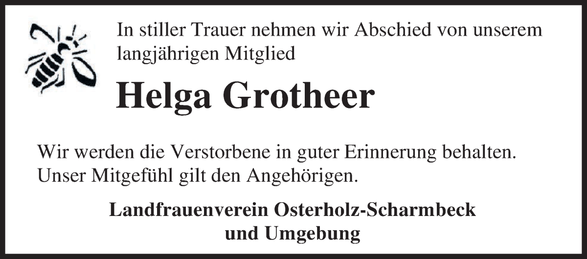 Traueranzeige von Helga Grotheer von Osterholzer Kreisblatt