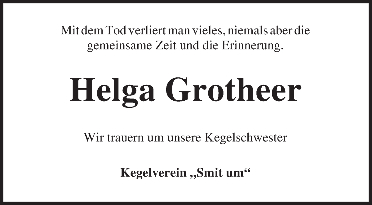 Traueranzeige von Helga Grotheer von Osterholzer Kreisblatt