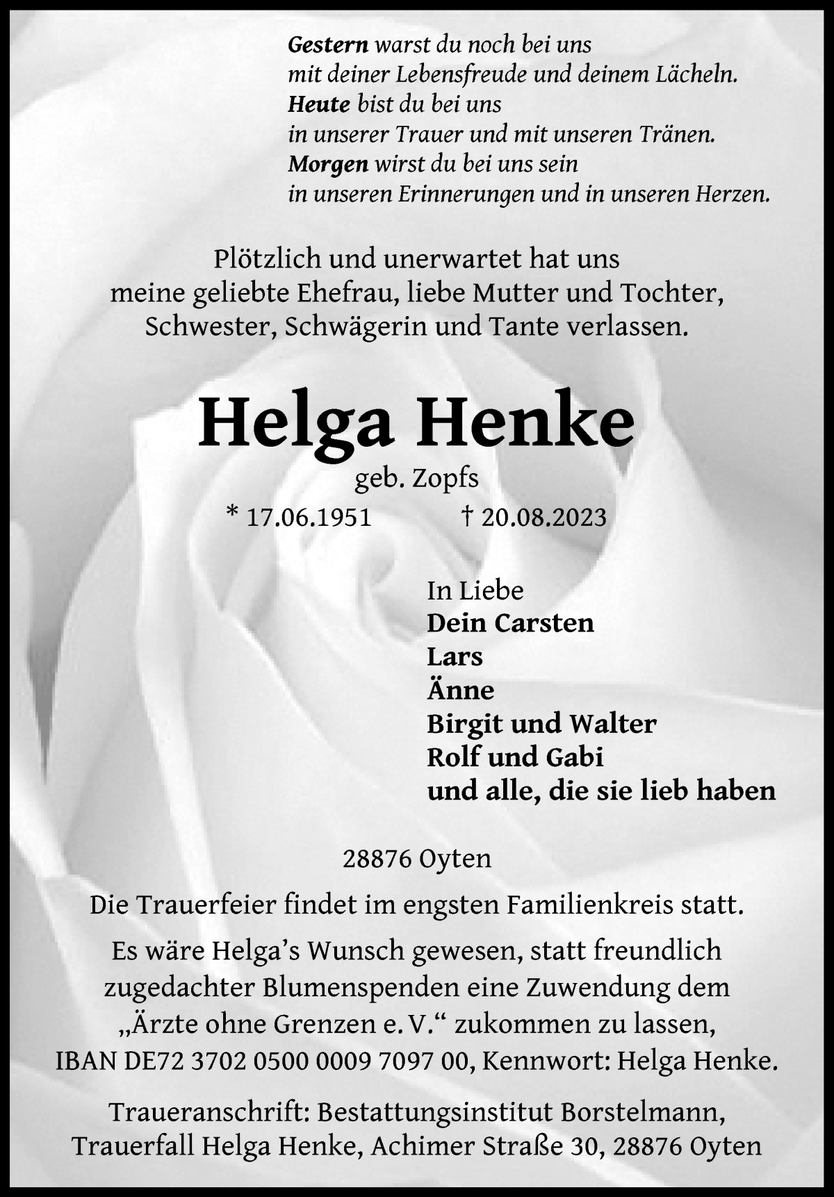 Traueranzeige von Helga Henke von WESER-KURIER