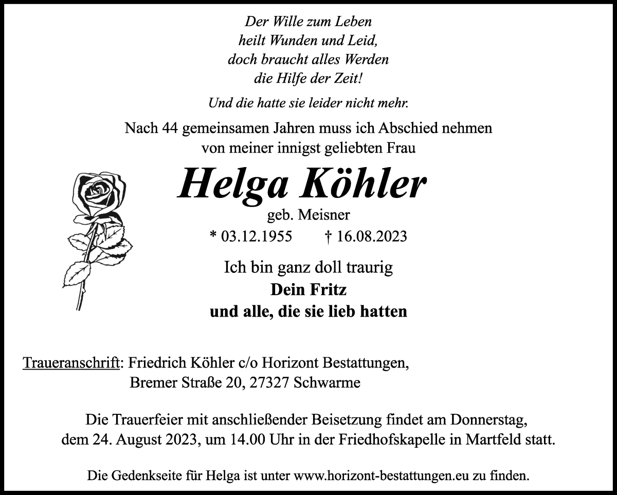 Traueranzeige von Helga Köhler von WESER-KURIER