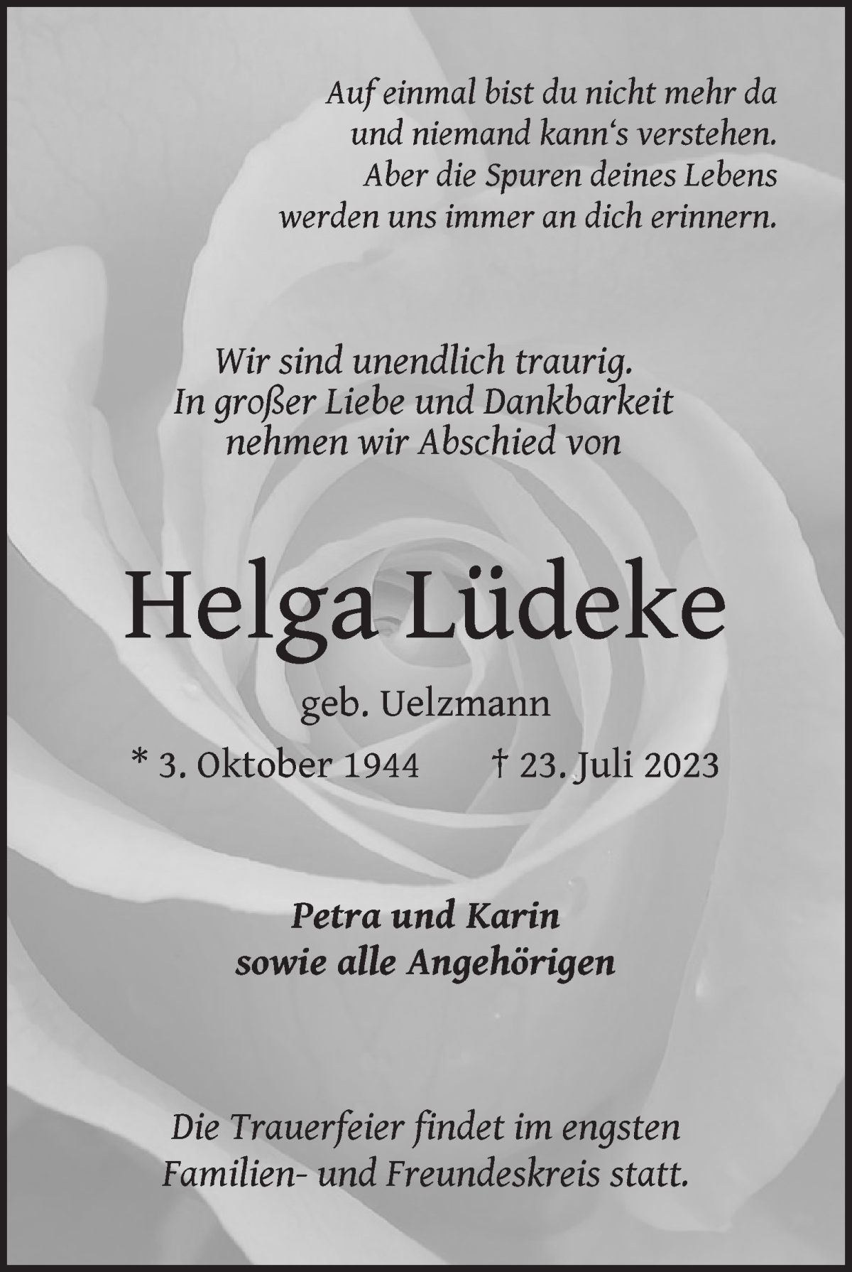 Traueranzeige von Helga Lüdeke von WESER-KURIER