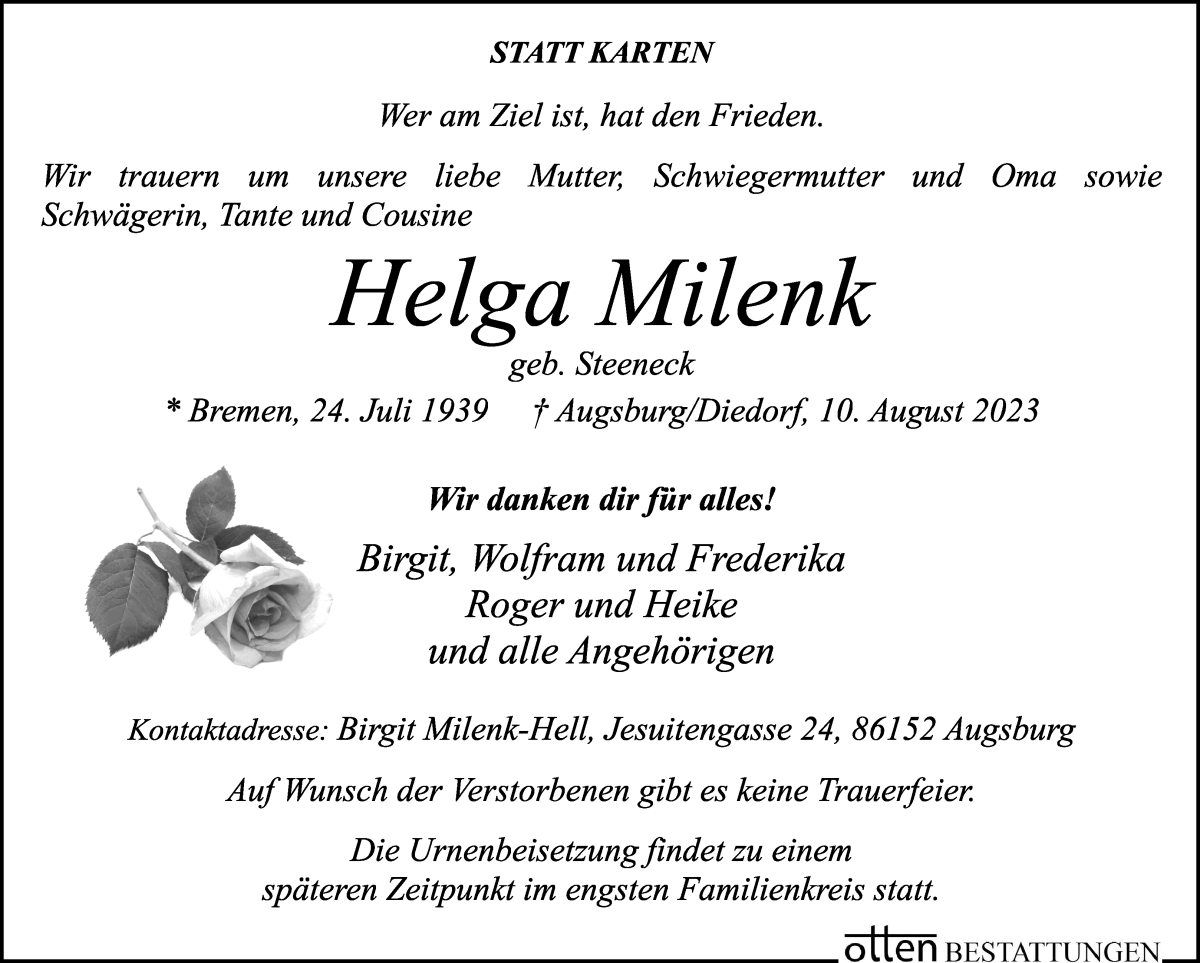 Traueranzeige von Helga Milenk von Osterholzer Kreisblatt