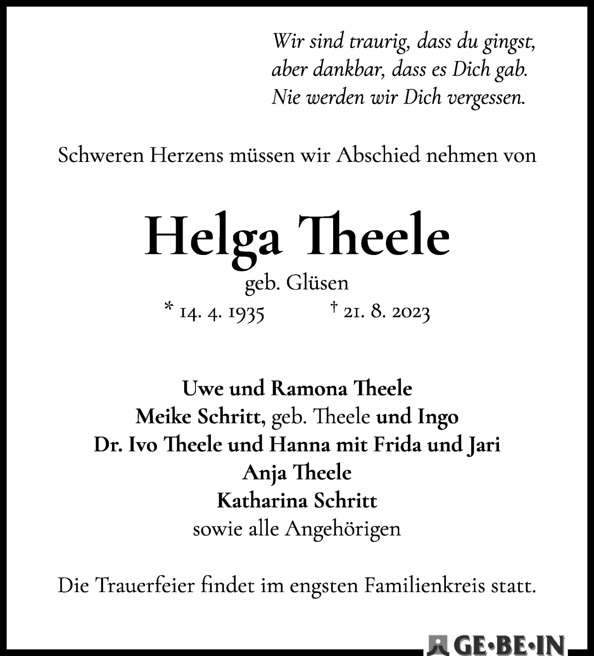 Traueranzeige von Helga Theele von WESER-KURIER