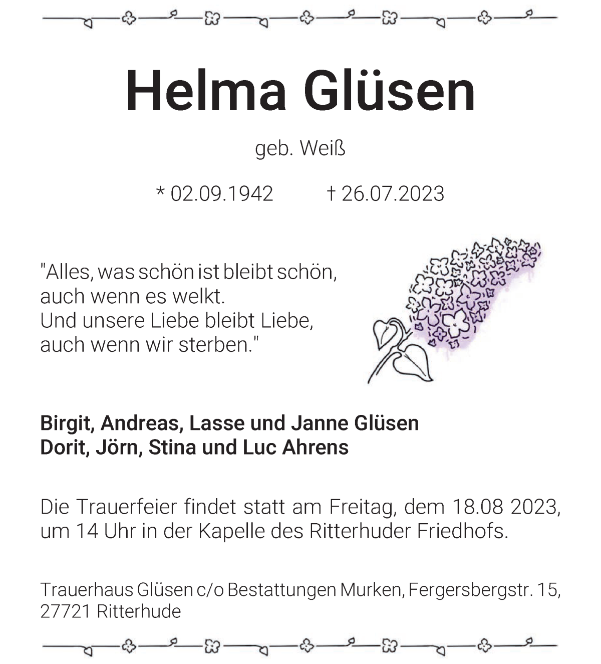 Traueranzeige von Helma Glüsen von Osterholzer Kreisblatt