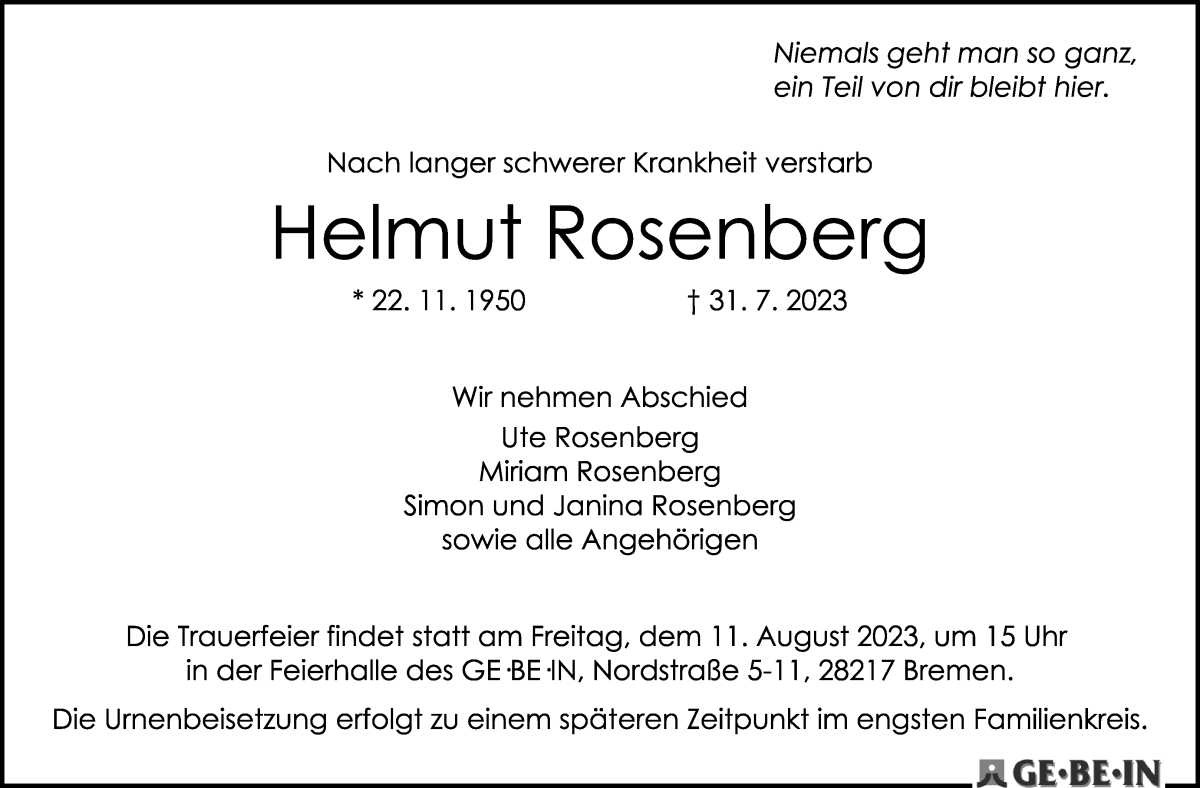 Traueranzeige von Helmut Rosenberg von WESER-KURIER