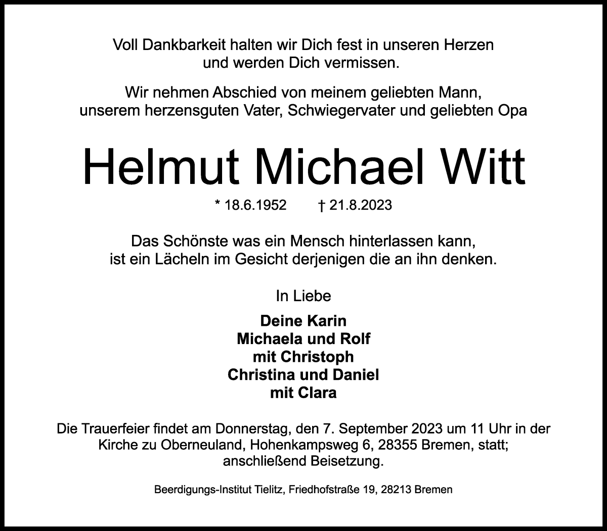 Traueranzeige von Helmut Michael Witt von WESER-KURIER