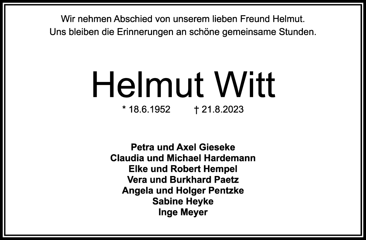 Traueranzeige von Helmut Michael Witt von WESER-KURIER