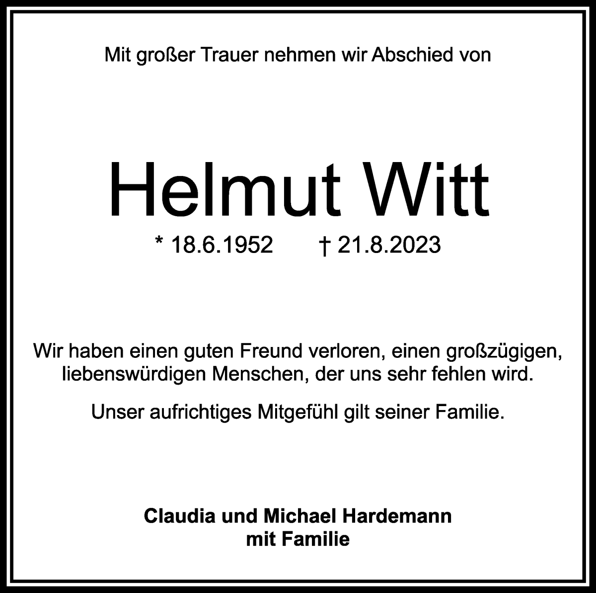 Traueranzeige von Helmut Michael Witt von WESER-KURIER