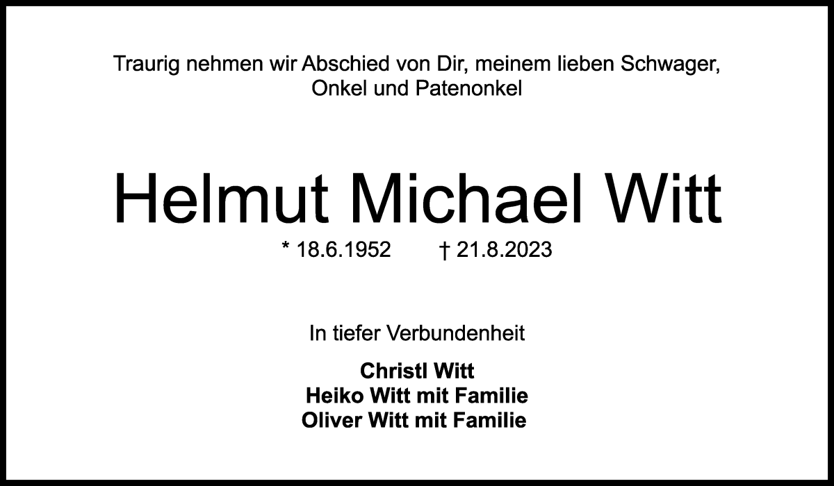 Traueranzeige von Helmut Michael Witt von WESER-KURIER