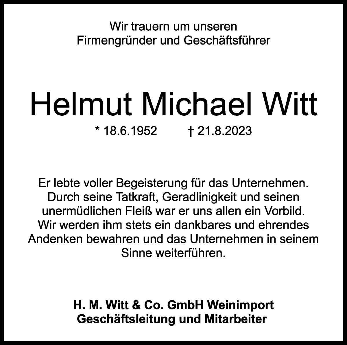 Traueranzeige von Helmut Michael Witt von WESER-KURIER
