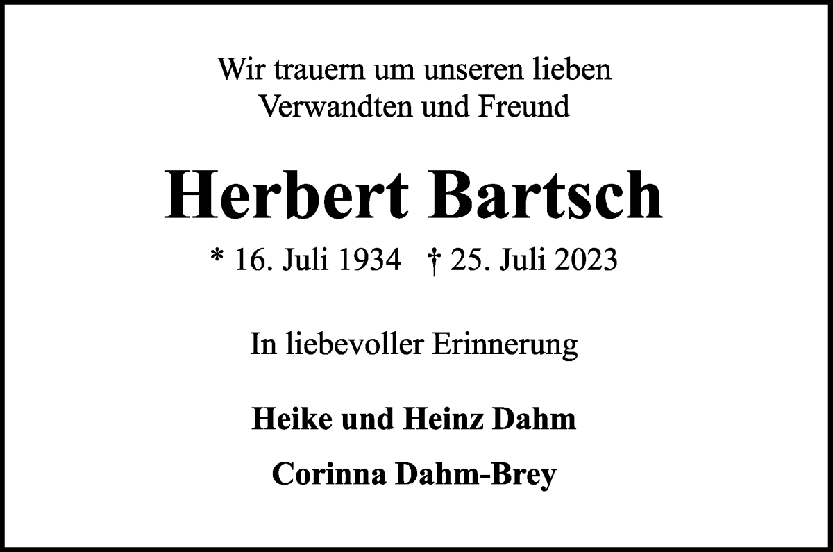 Traueranzeige von Herbert Bartsch von WESER-KURIER