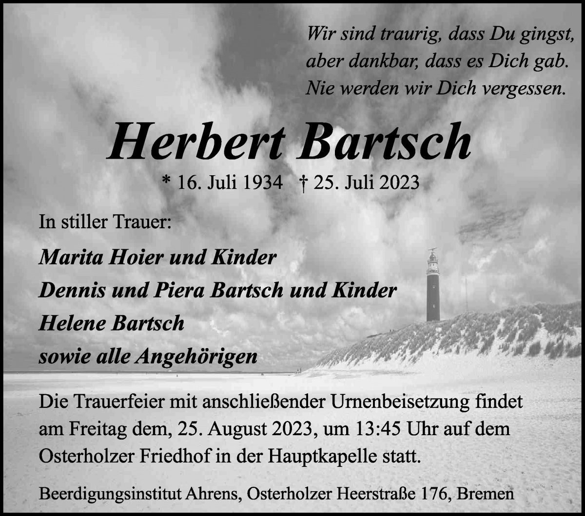 Traueranzeige von Herbert Bartsch von WESER-KURIER