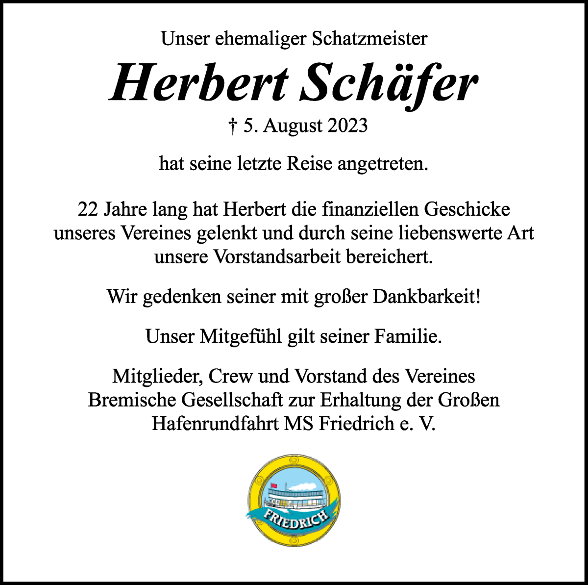 Traueranzeige von Herbert Schäfer von WESER-KURIER