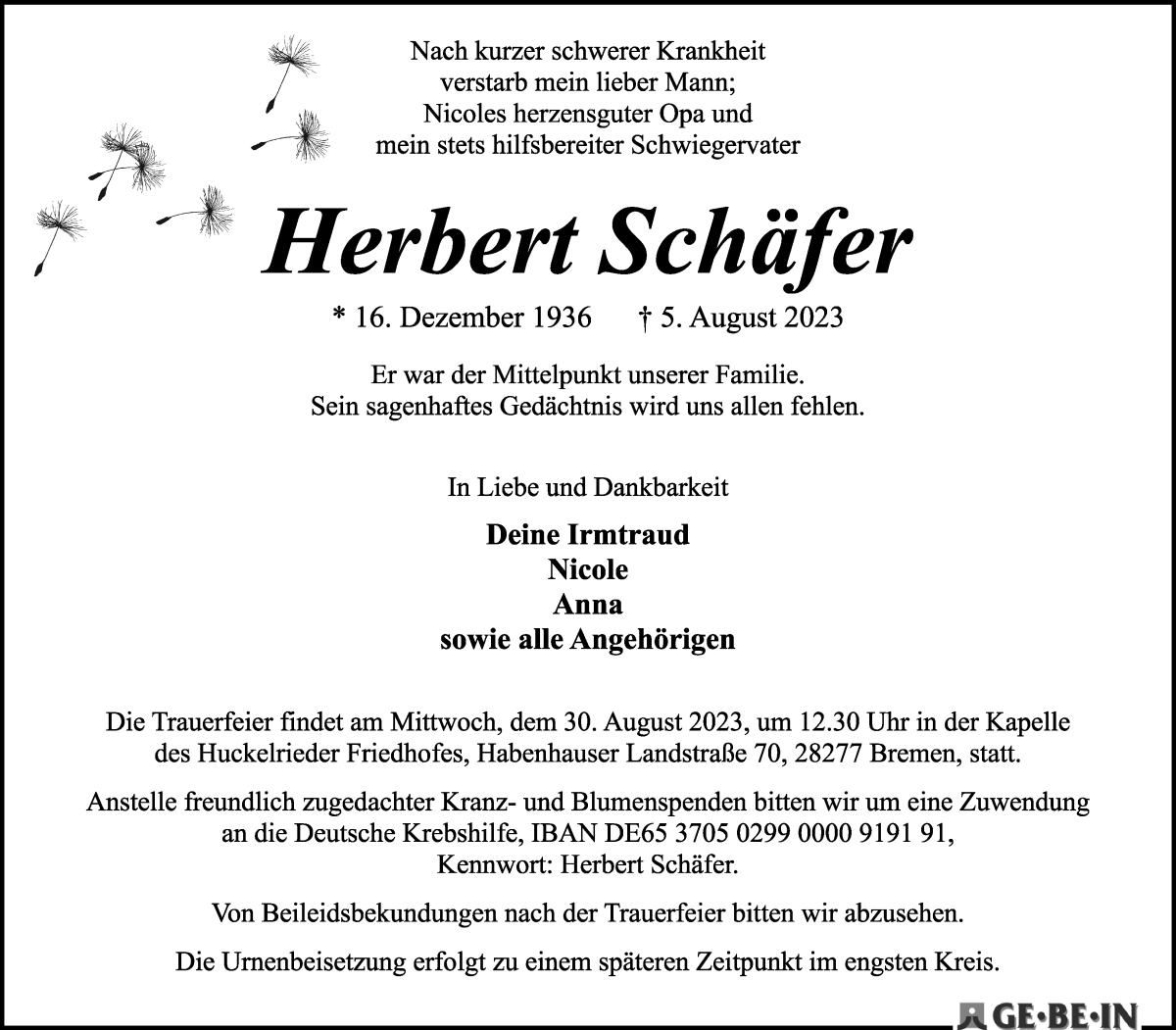 Traueranzeige von Herbert Schäfer von WESER-KURIER