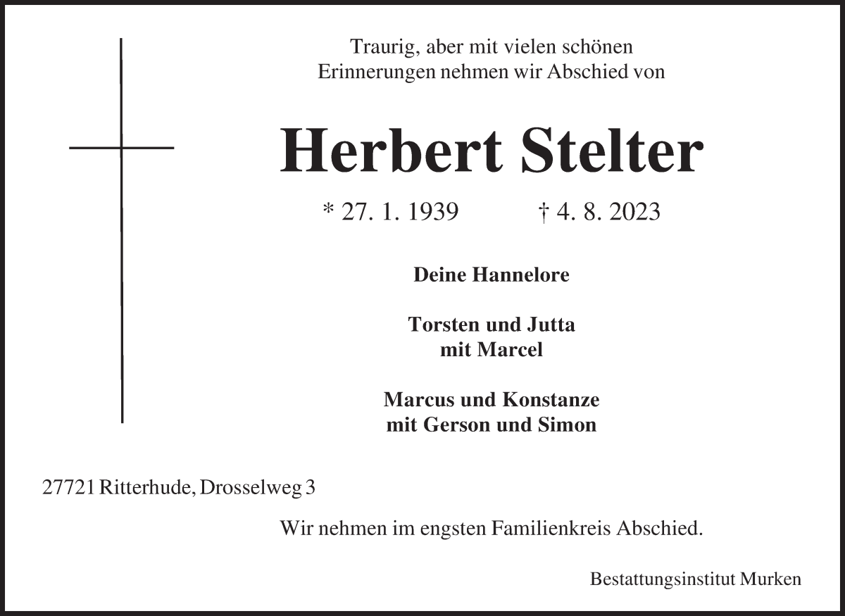 Traueranzeige von Herbert Stelter von Osterholzer Kreisblatt