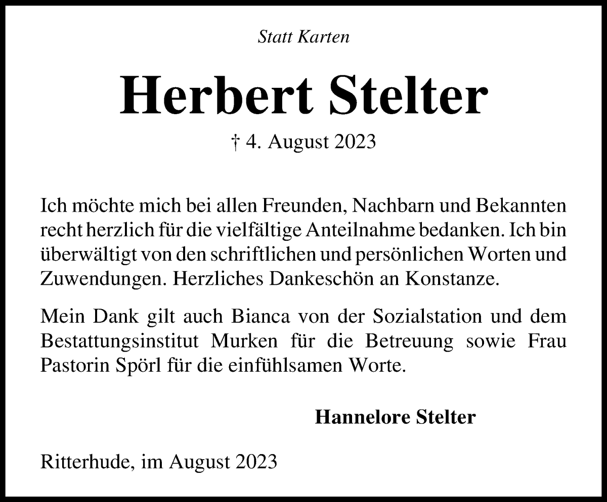 Traueranzeige von Herbert Stelter von Die Norddeutsche