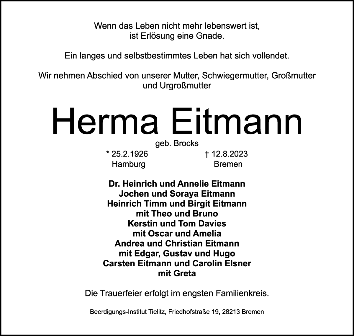 Traueranzeige von Herma Eitmann von WESER-KURIER