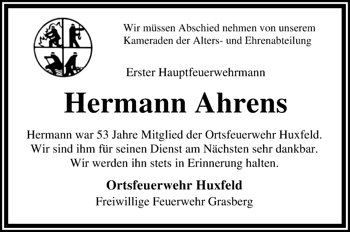 Traueranzeige von Hermann Ahrens von Wuemme Zeitung