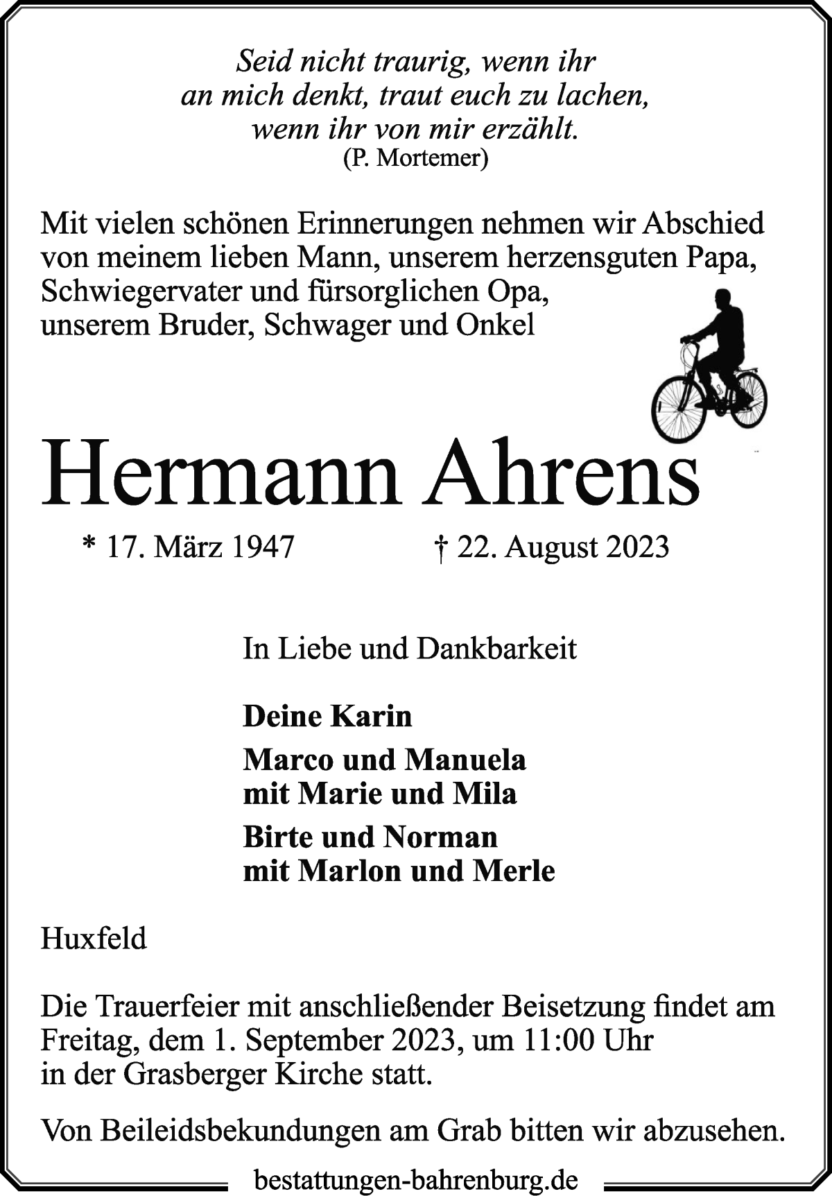 Traueranzeige von Hermann Ahrens von Wuemme Zeitung