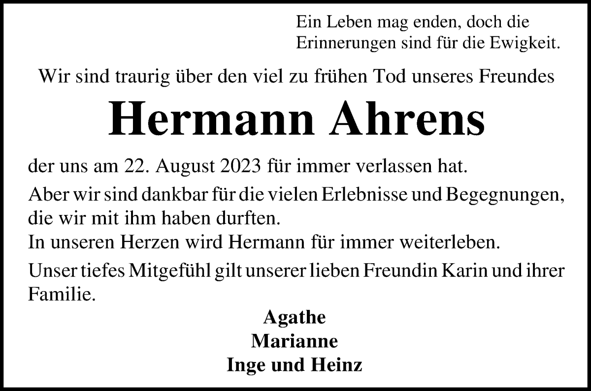 Traueranzeige von Hermann Ahrens von Wuemme Zeitung