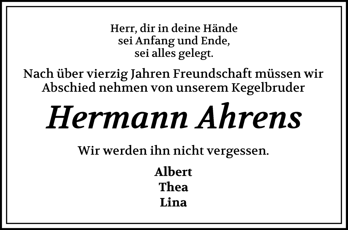 Traueranzeige von Hermann Ahrens von Wuemme Zeitung