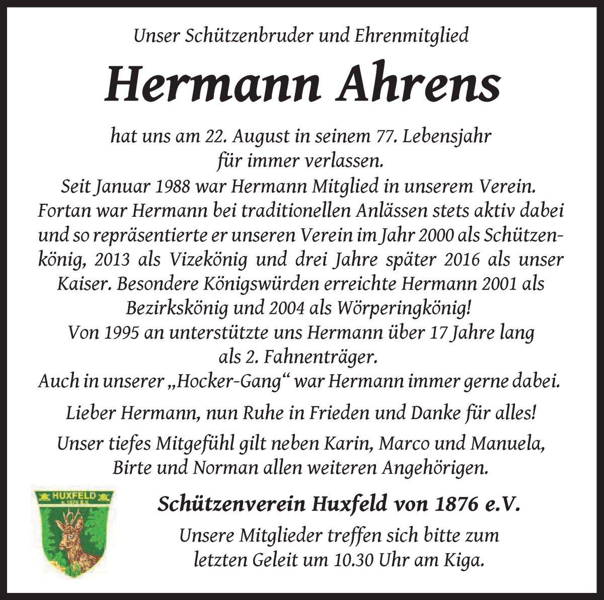 Traueranzeige von Hermann Ahrens von Wuemme Zeitung
