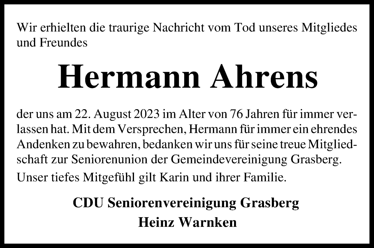 Traueranzeige von Hermann Ahrens von Wuemme Zeitung