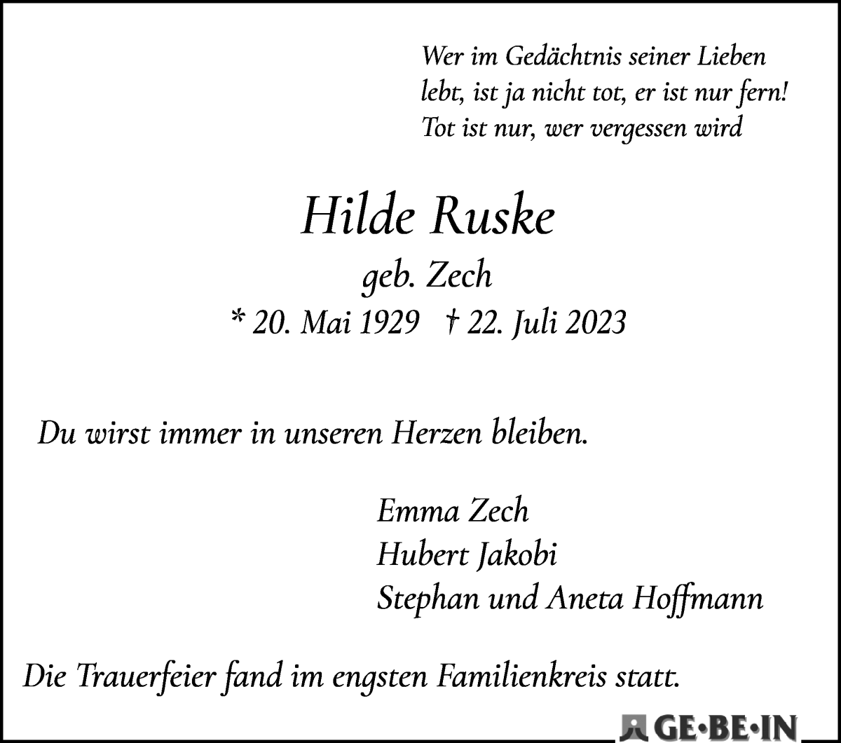 Traueranzeige von Hilde Ruske von WESER-KURIER