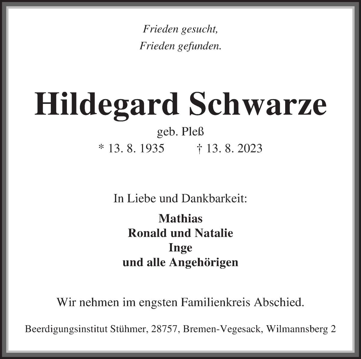Traueranzeige von Hildegard Schwarze von Die Norddeutsche