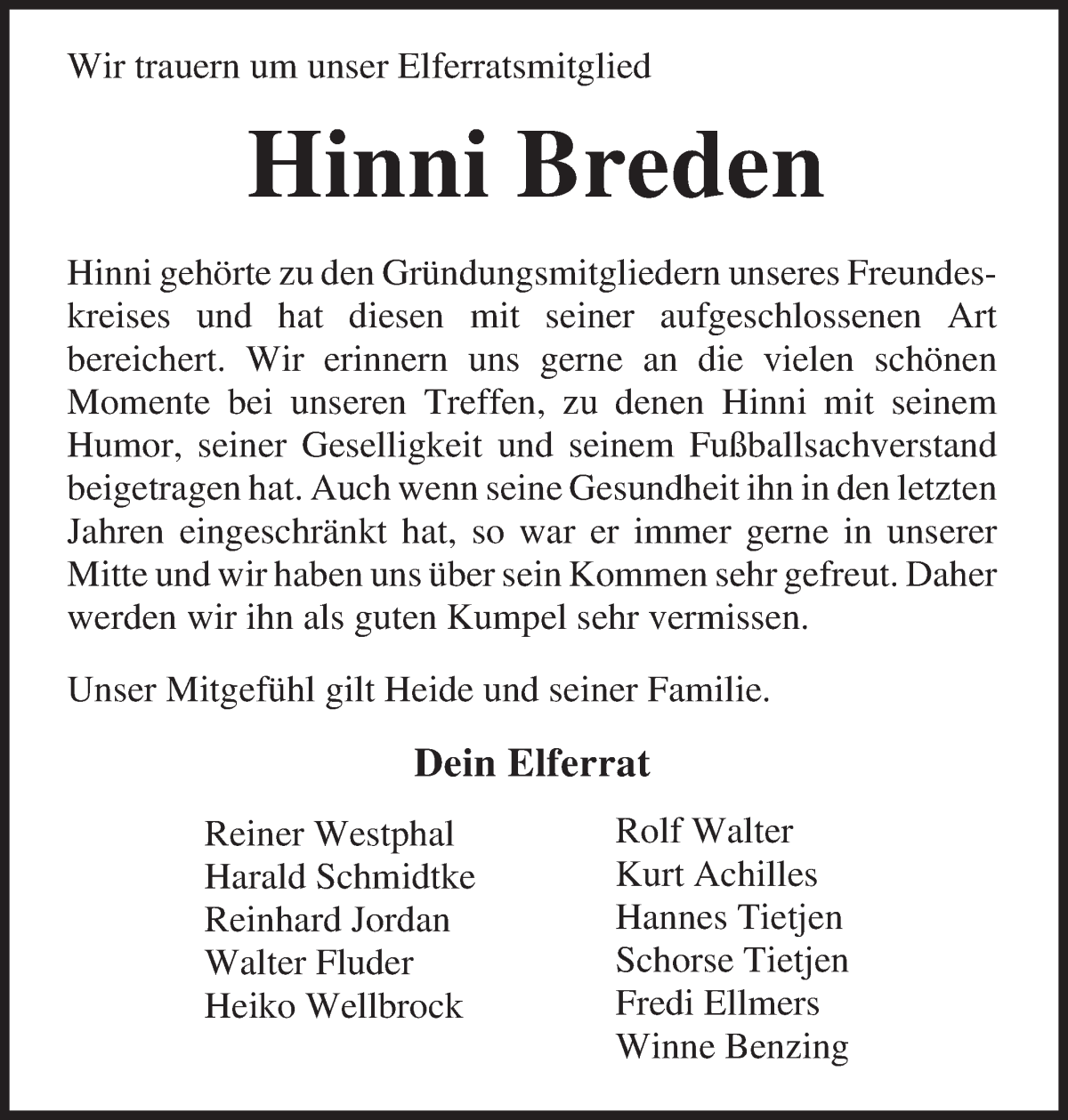 Traueranzeige von Hinrich Breden von Osterholzer Kreisblatt