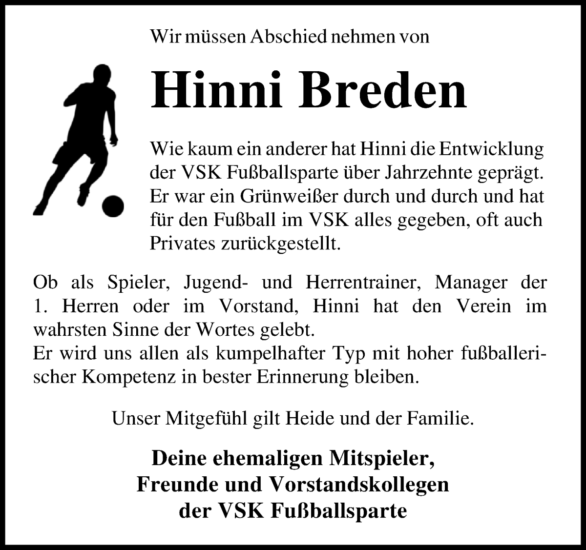Traueranzeige von Hinrich Breden von Osterholzer Kreisblatt