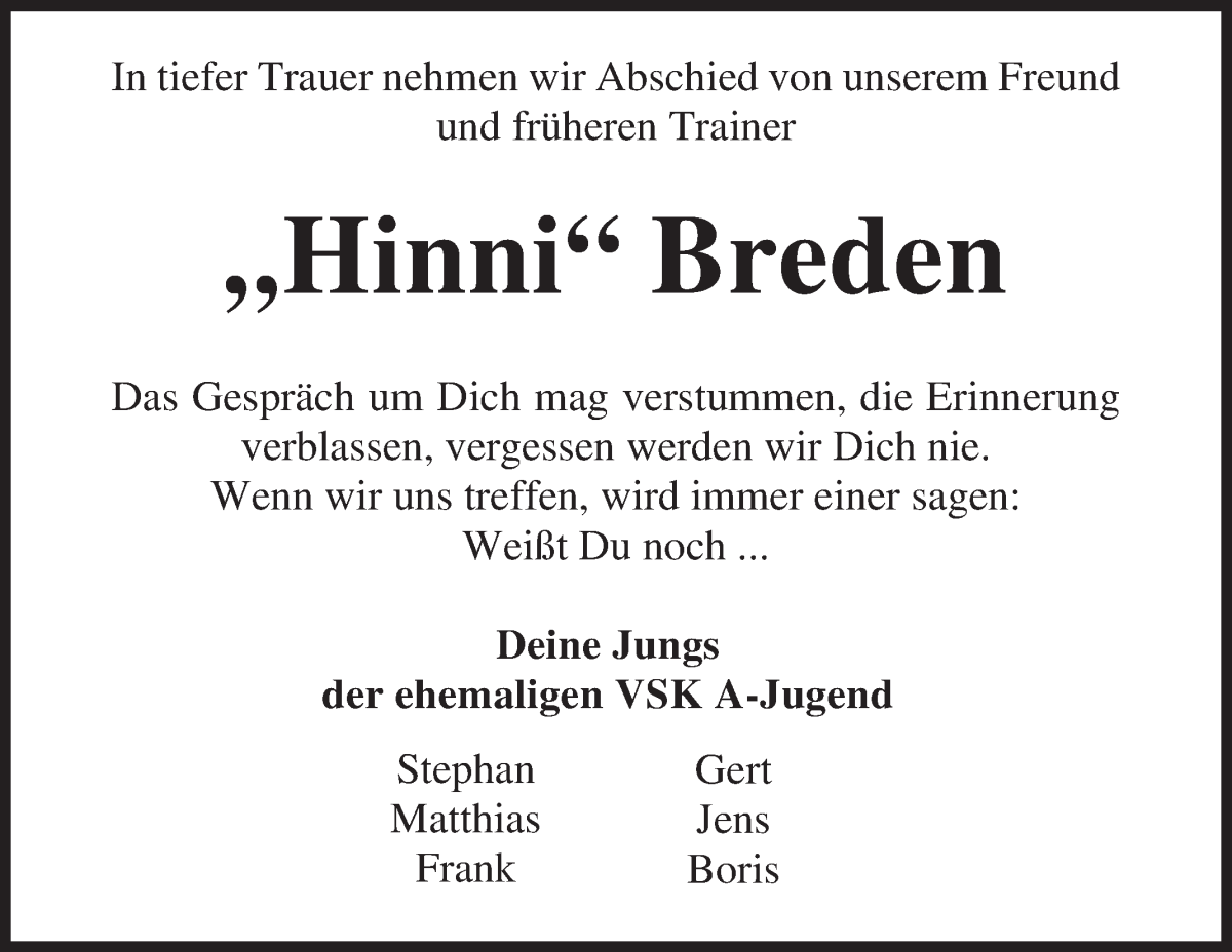 Traueranzeige von Hinrich Breden von Osterholzer Kreisblatt