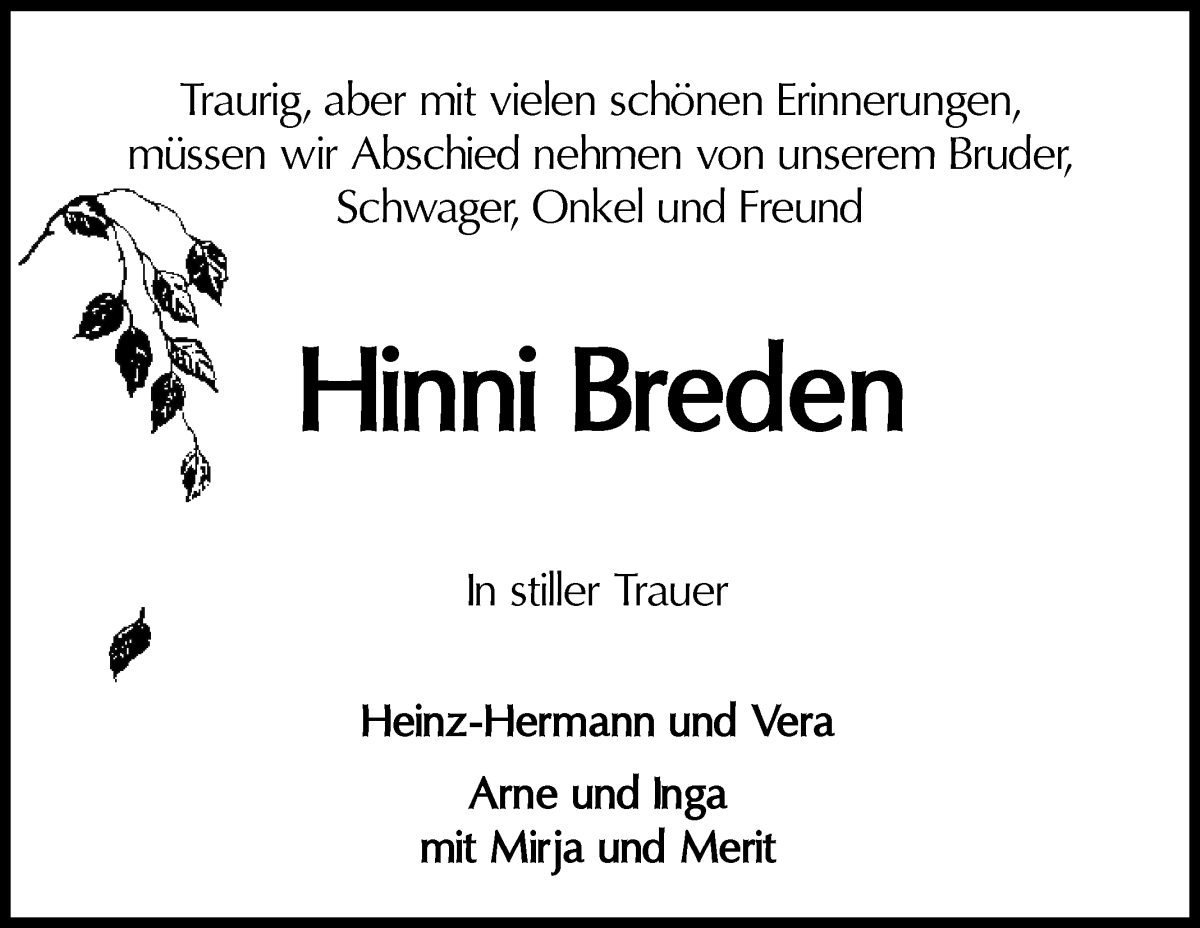 Traueranzeige von Hinrich Breden von Osterholzer Kreisblatt