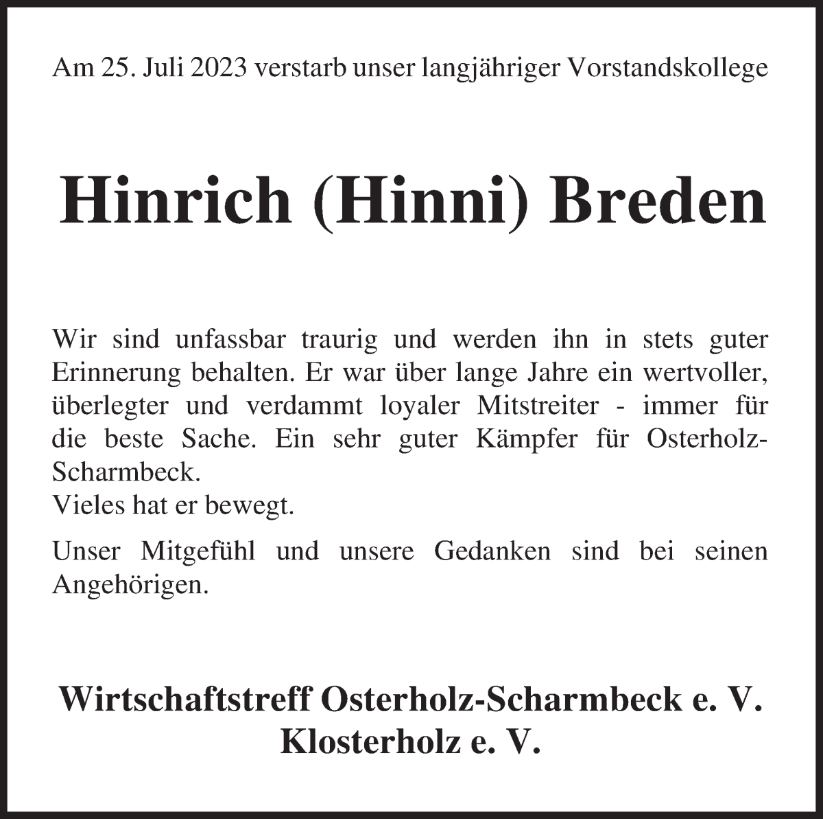 Traueranzeige von Hinrich Breden von Osterholzer Kreisblatt