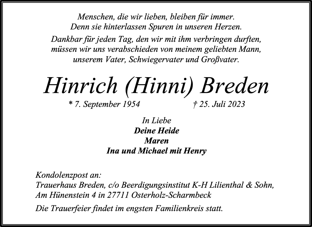 Traueranzeige von Hinrich Breden von Osterholzer Kreisblatt