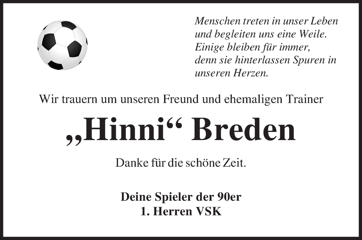 Traueranzeige von Hinrich Breden von Osterholzer Kreisblatt