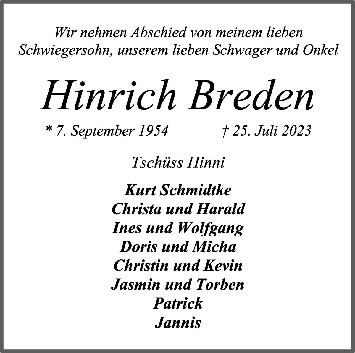 Traueranzeige von Hinrich Breden von Osterholzer Kreisblatt