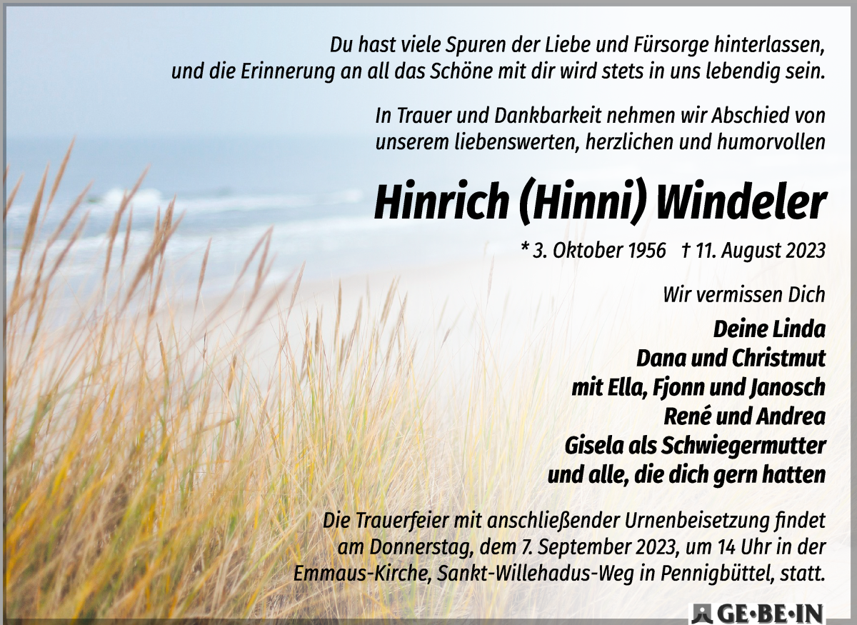 Traueranzeige von Hinrich Windeler von Osterholzer Kreisblatt