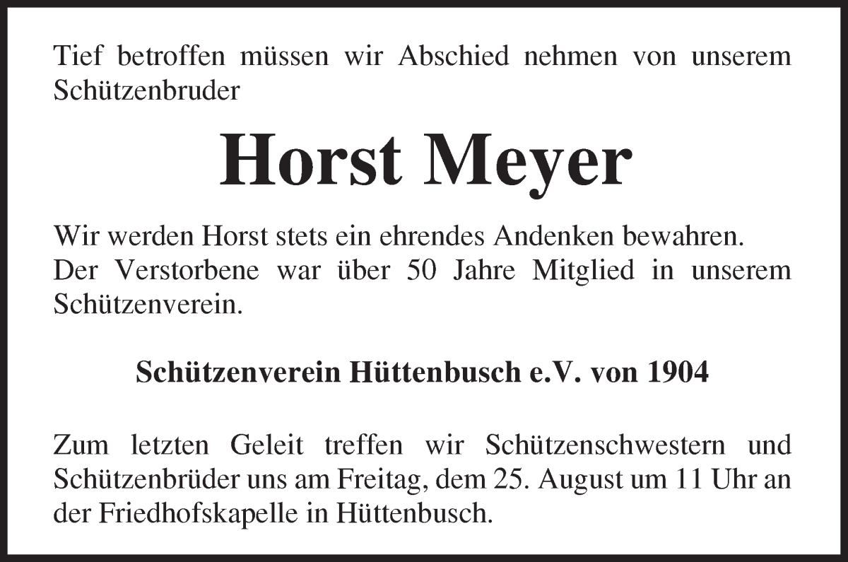 Traueranzeige von Horst Meyer von Wuemme Zeitung
