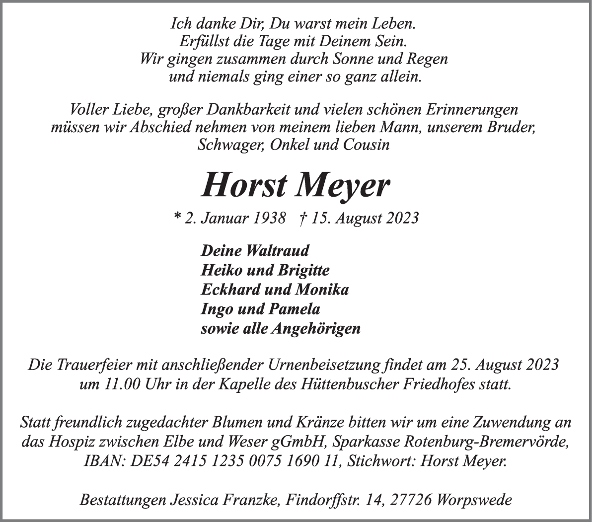Traueranzeige von Horst Meyer von Wuemme Zeitung