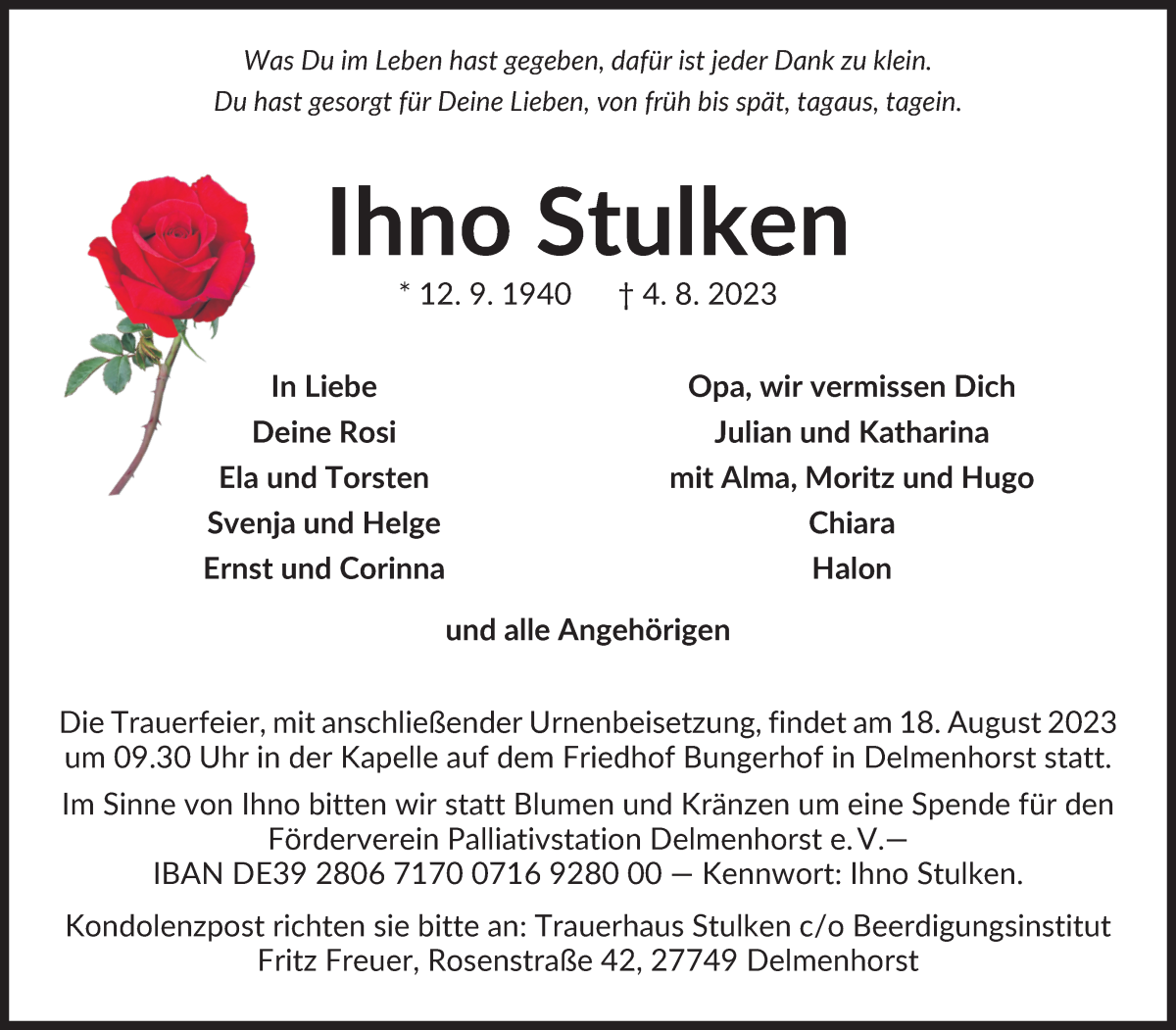Traueranzeige von Ihno Stulken von WESER-KURIER