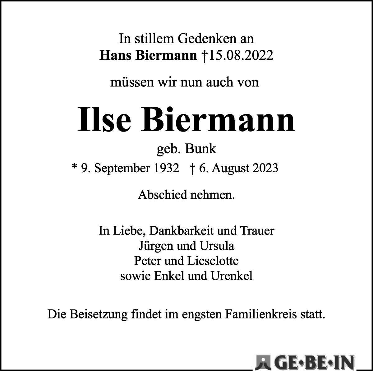 Traueranzeige von Ilse Biermann von WESER-KURIER